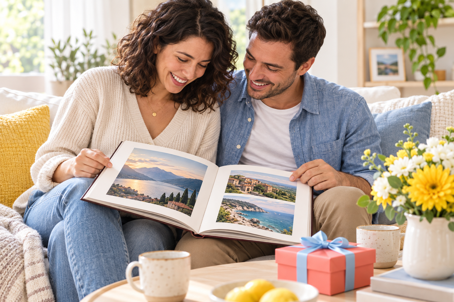 A smiling couple share a photo book on a bright sofa, with fresh yellow flowers and a coral gift nearby.