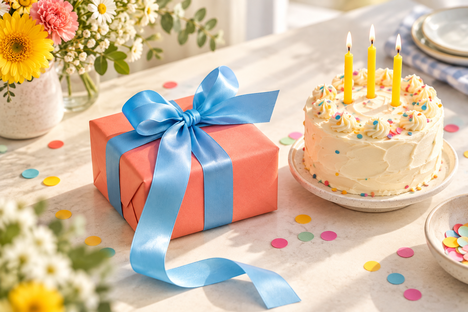 A coral gift with a blue ribbon beside a birthday cake with three yellow candles and colorful confetti on a sunlit table.