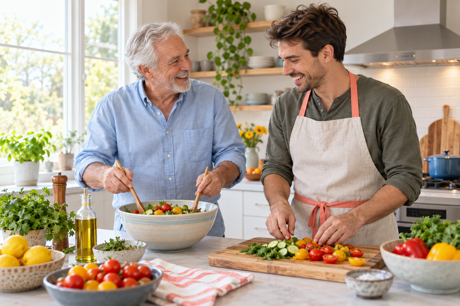 A father and his adult son laugh while preparing a meal together in a bright modern kitchen.