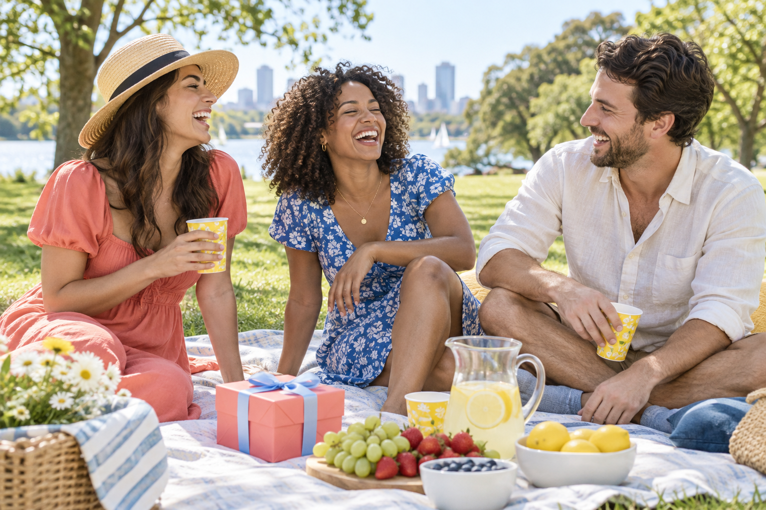 Three friends laugh together at a sunny park picnic with a small colorful wrapped gift.