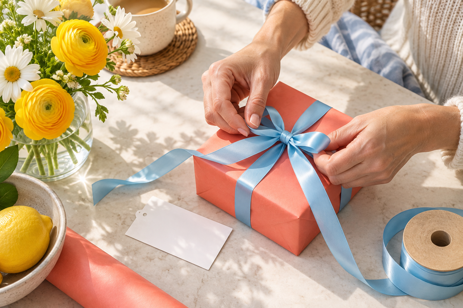 Hands wrap a coral gift with a blue ribbon on a bright table beside a blank card and fresh flowers.