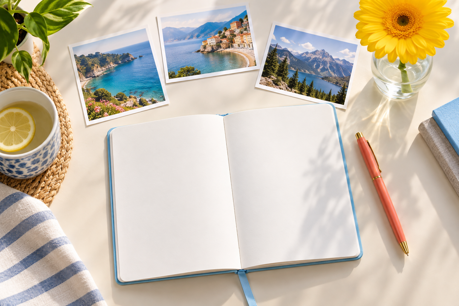 An open blank notebook, a colorful pen and landscape photo prints sit beside a fresh flower on a bright desk.