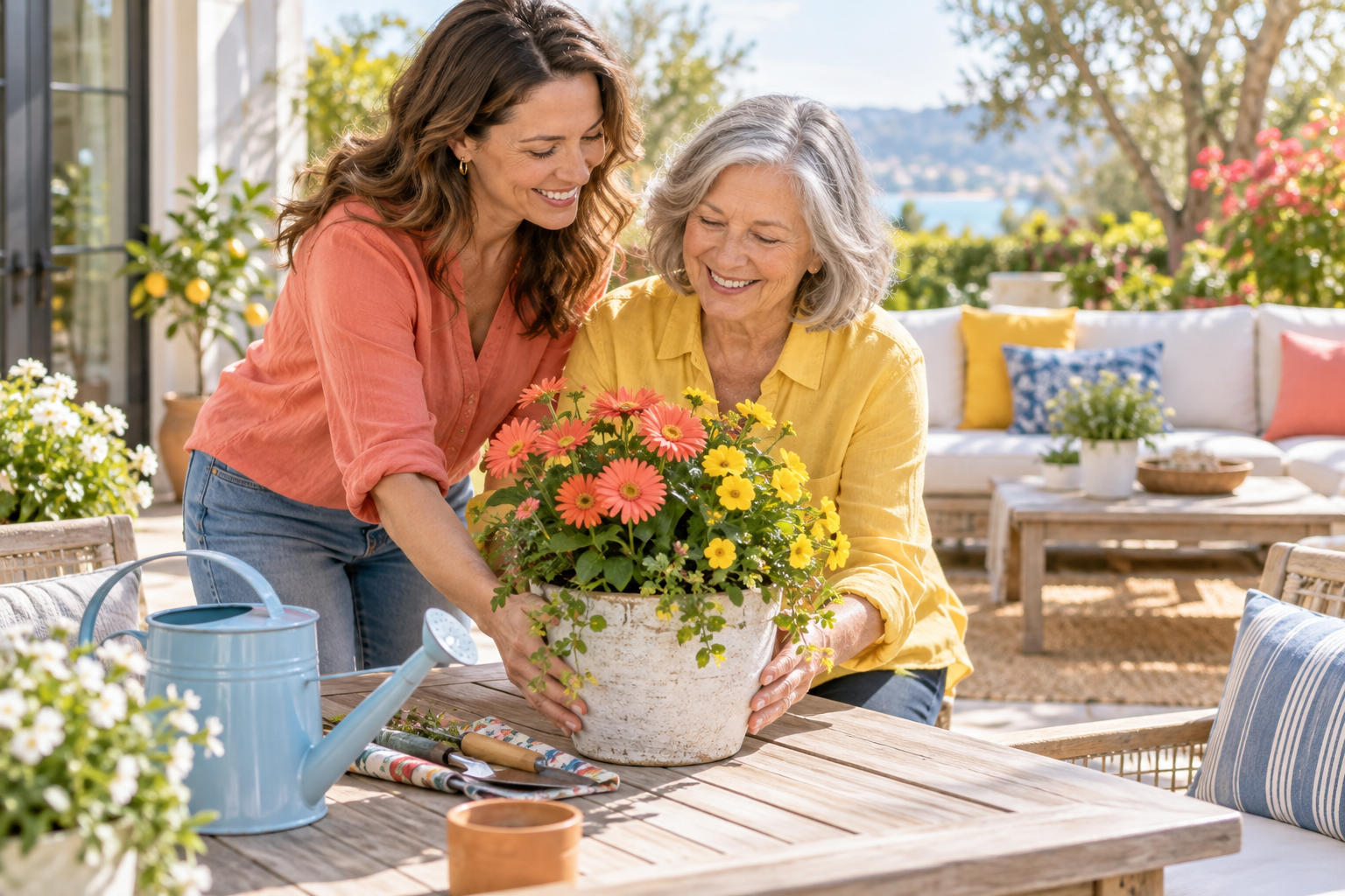 An adult daughter and her mother smile together beside potted flowers on a sunny patio.