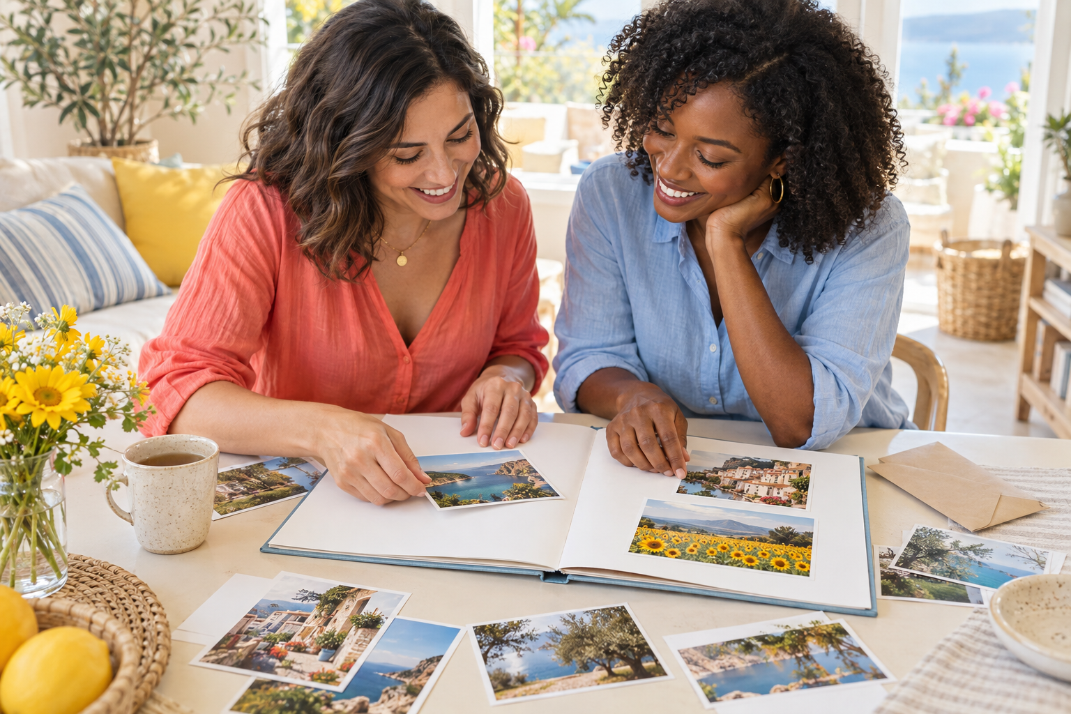 Two friends smile while arranging landscape photo prints in a modern scrapbook at a bright table.