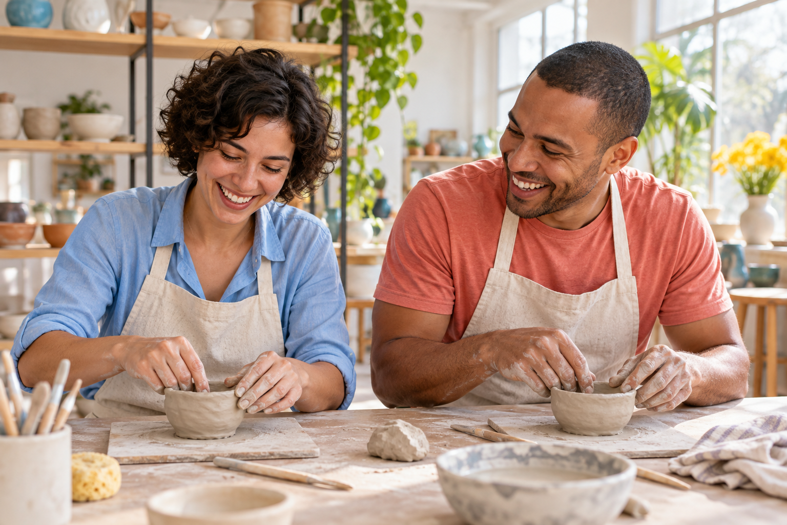 Two adults laugh together while shaping small clay bowls at a sunlit pottery workshop.