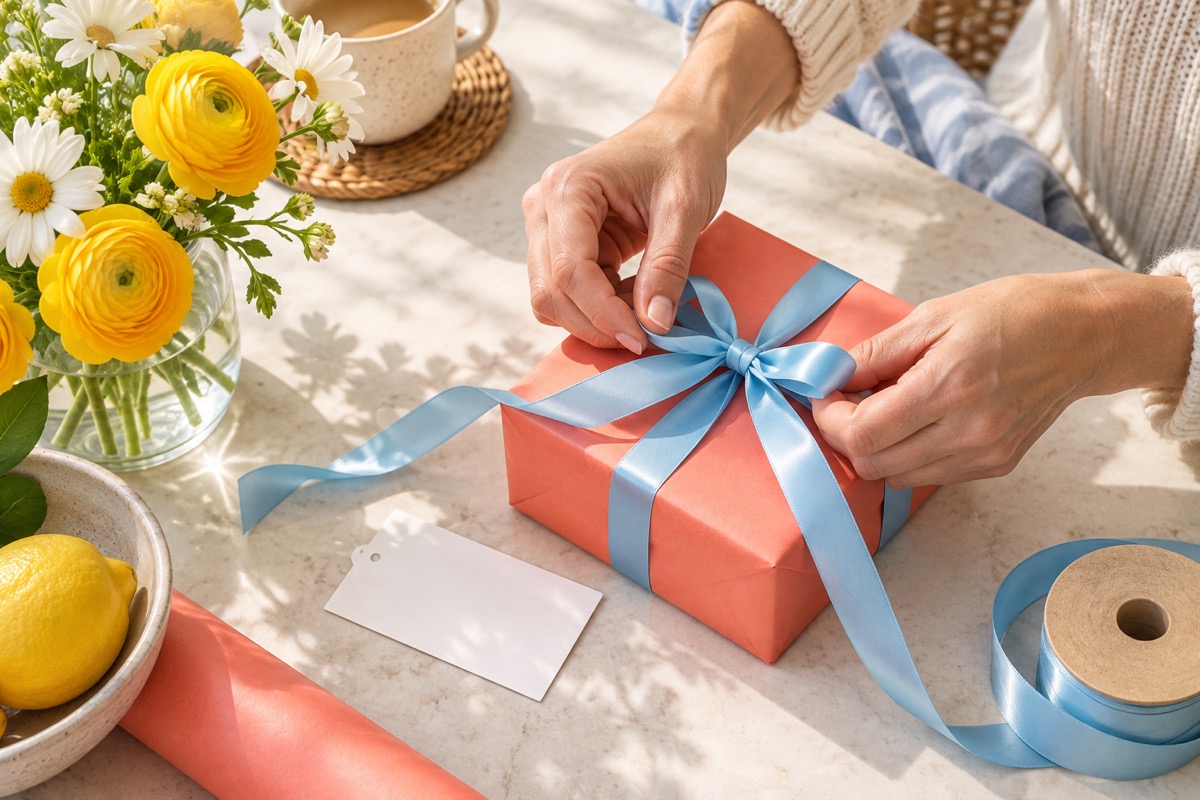 Hands wrap a coral gift with a blue ribbon on a bright table beside a blank card and fresh flowers.
