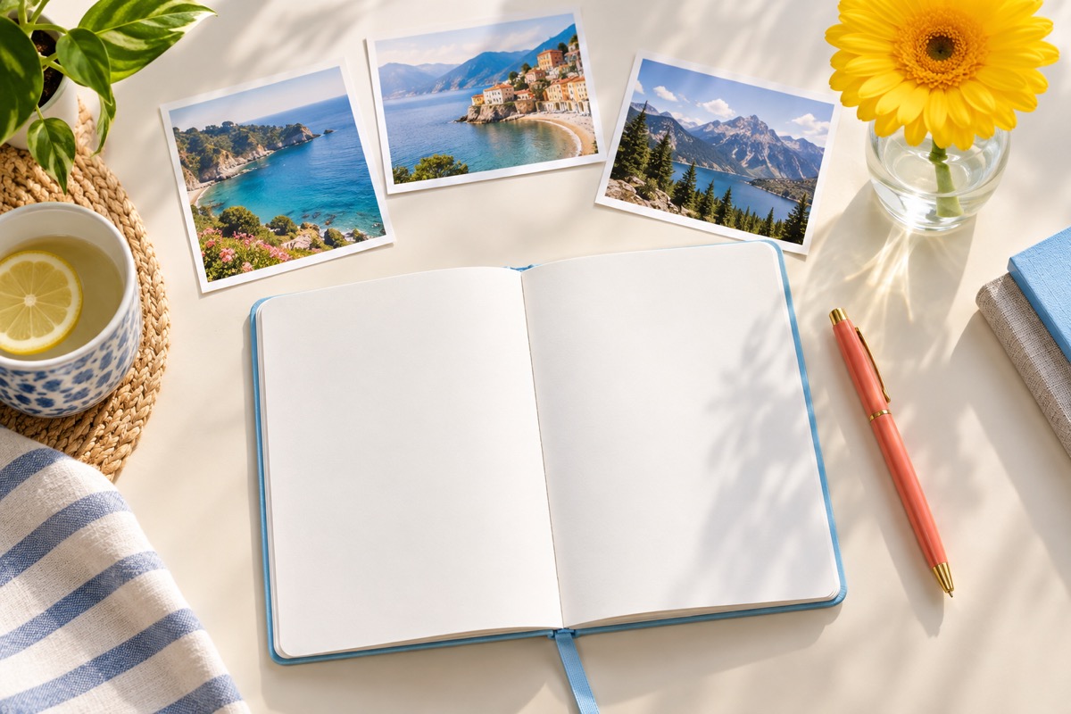 An open blank notebook, a colorful pen and landscape photo prints sit beside a fresh flower on a bright desk.