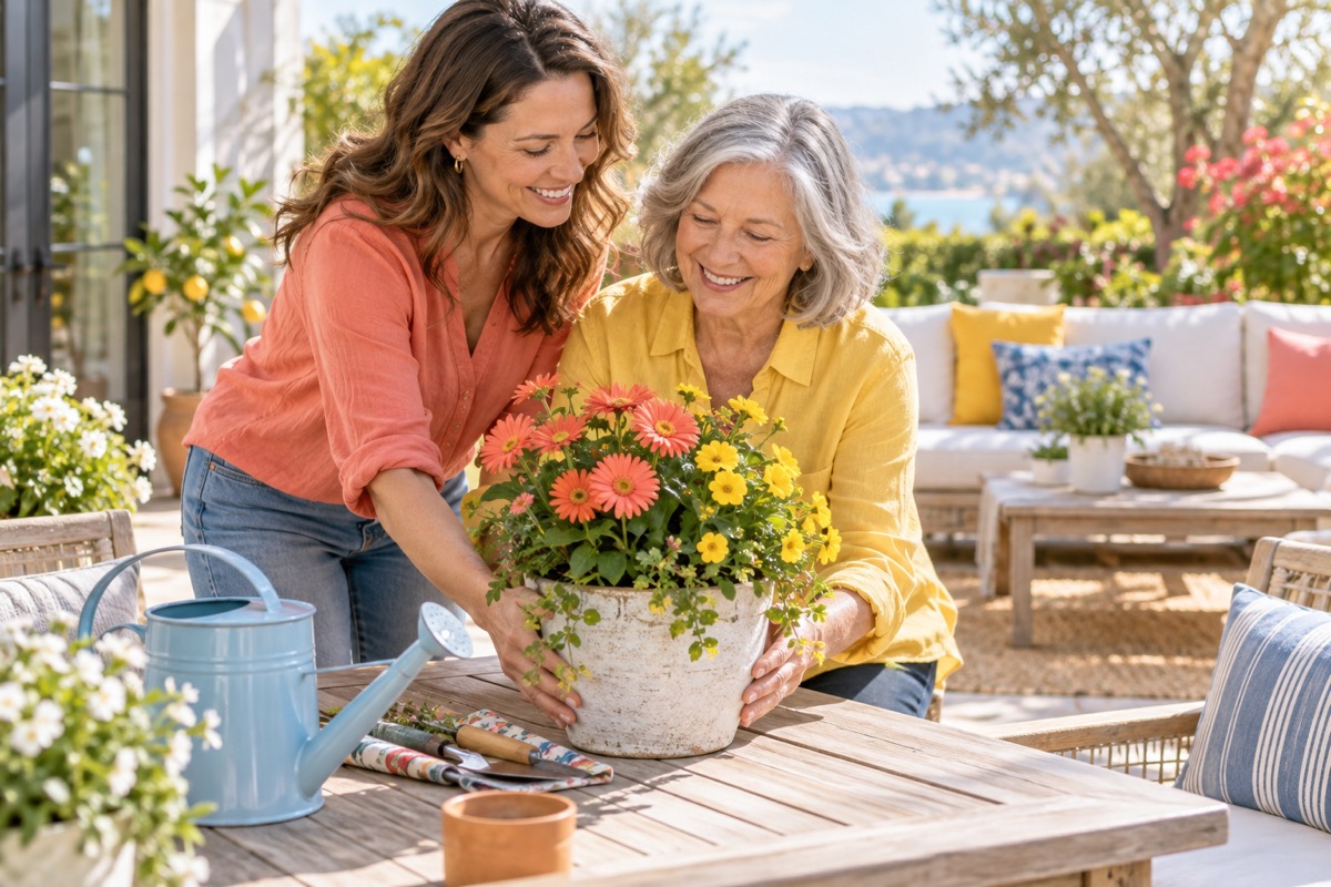 An adult daughter and her mother smile together beside potted flowers on a sunny patio.