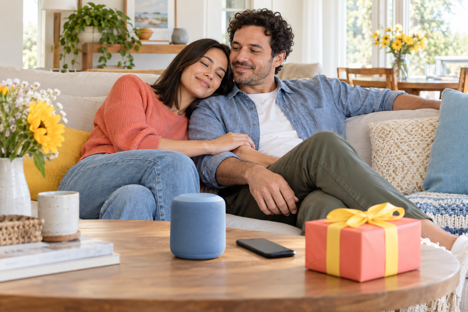A couple relax together on a sunlit sofa while listening to music from a small speaker, with a wrapped gift nearby.